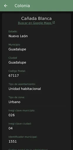 Captura de pantalla de búsqueda de código postal